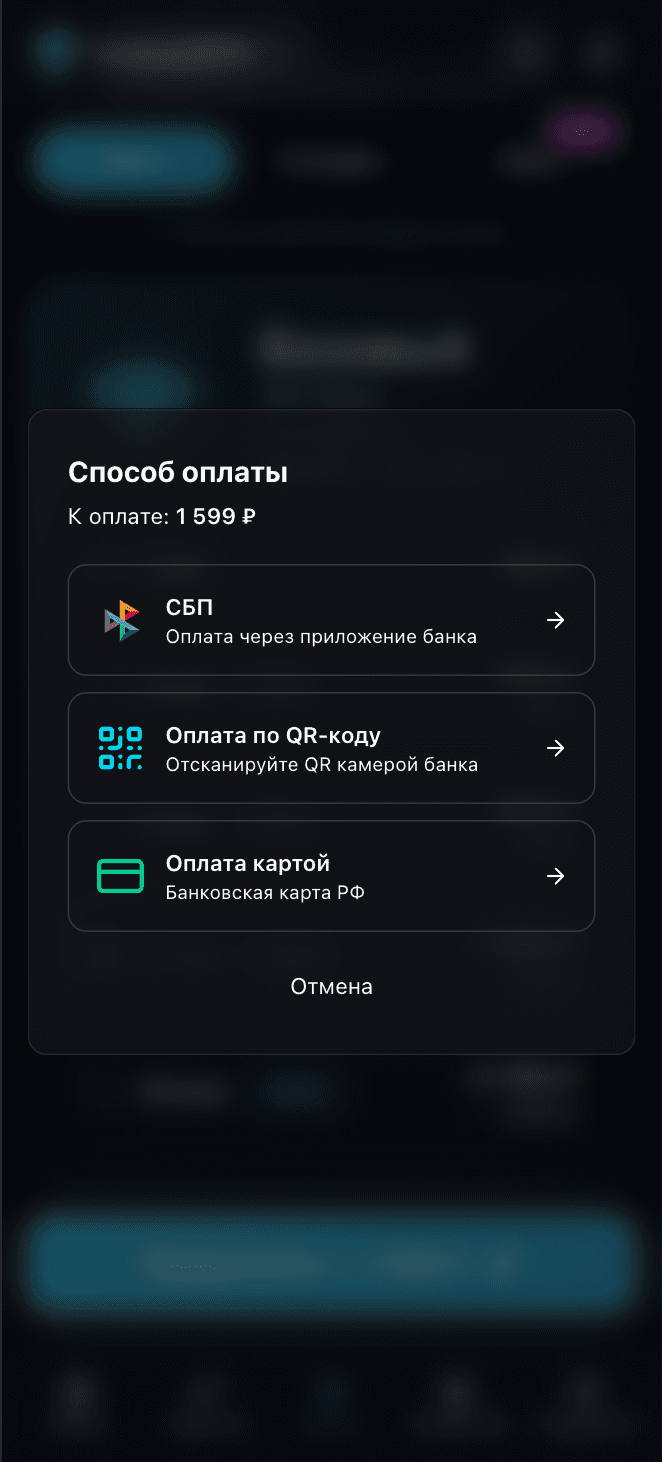 Окно выбора способа оплаты Happ VPN: СБП, QR-код или карта